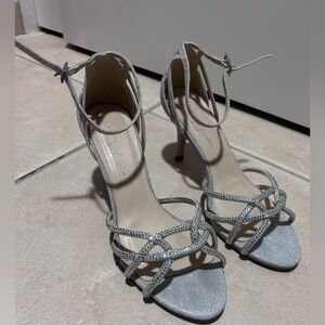 Paradox London Pink Shimmery Crisscross Heels with Iridescent Stones